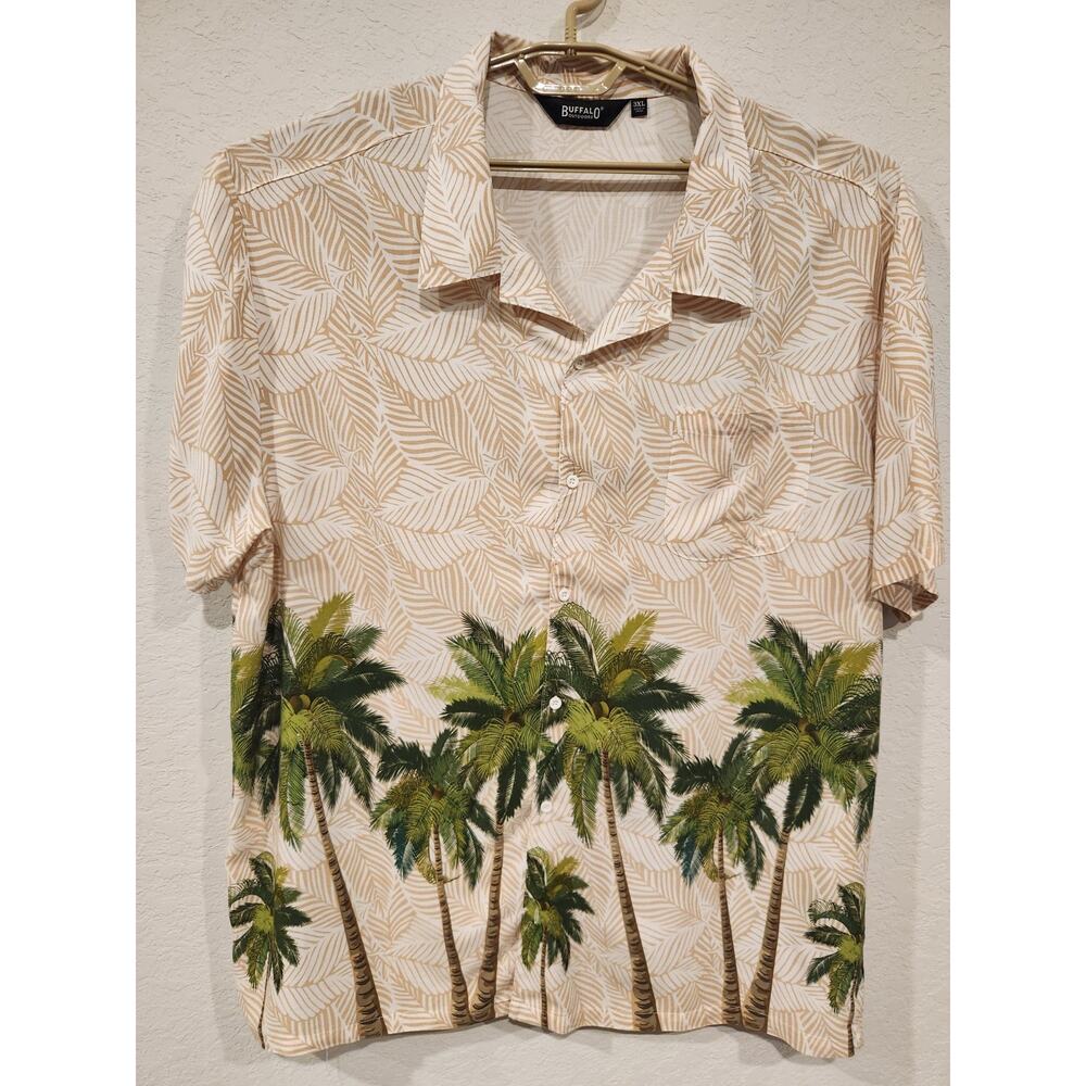 🌴 Buffalo Outdoors Men’s Hawaiian Shirt 3XL Beige Palm Tree Print Short Sleeve